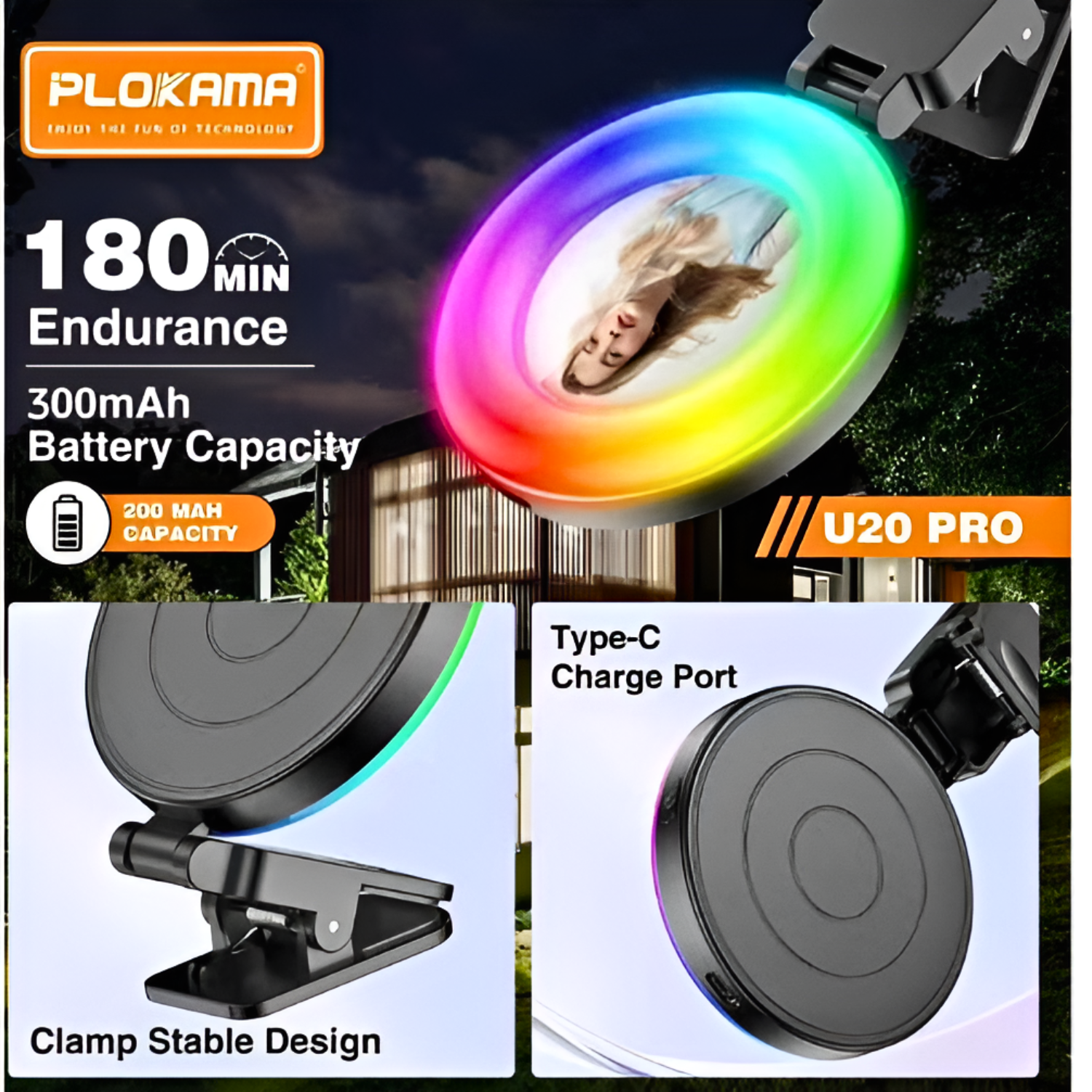 Plokama U20 Pro RGB LED Phone Clip Fill Light Selfie Ring Light with Mirror