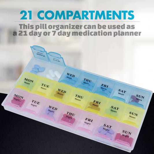 7 Day Weekly Pill Organizer Box, Three-Times-a-Day Tablet Medicine Storage