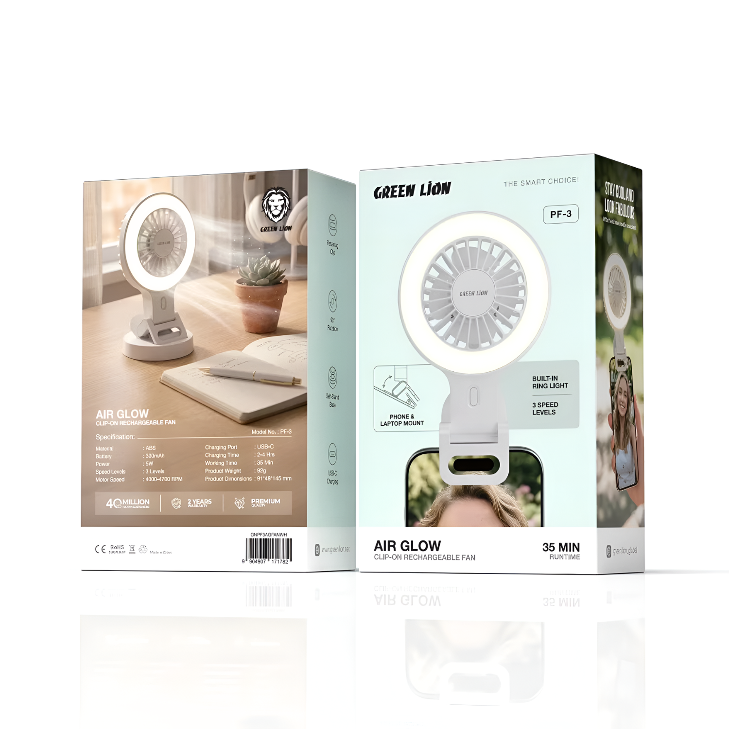 Green Lion Air Glow Clip On Rechargeable Fan with Ring Light