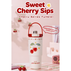Diller Cherry Cartoon 900ml Insulated Thermal Vacuum Tumbler Ceramic Liner Portable Water Flask