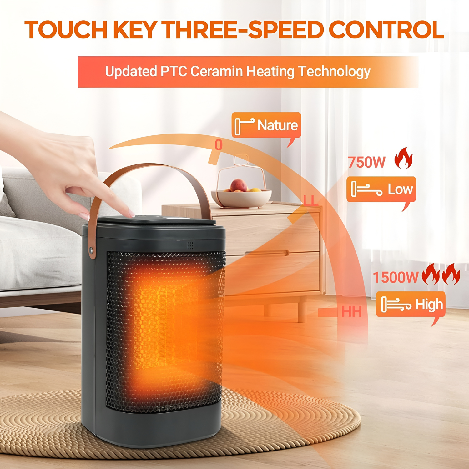 1500W Space Heater, Hot Air Blower with Touch Buttons and Remote Control