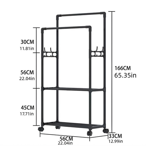 Double Clothes & Coat Hanging Rack with Storage Shelf and Wheel