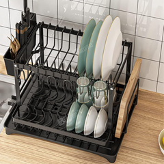 Double Layer Countertop Dish Drying Rack with Cutlery Holder, Cup Rack, Drainboard
