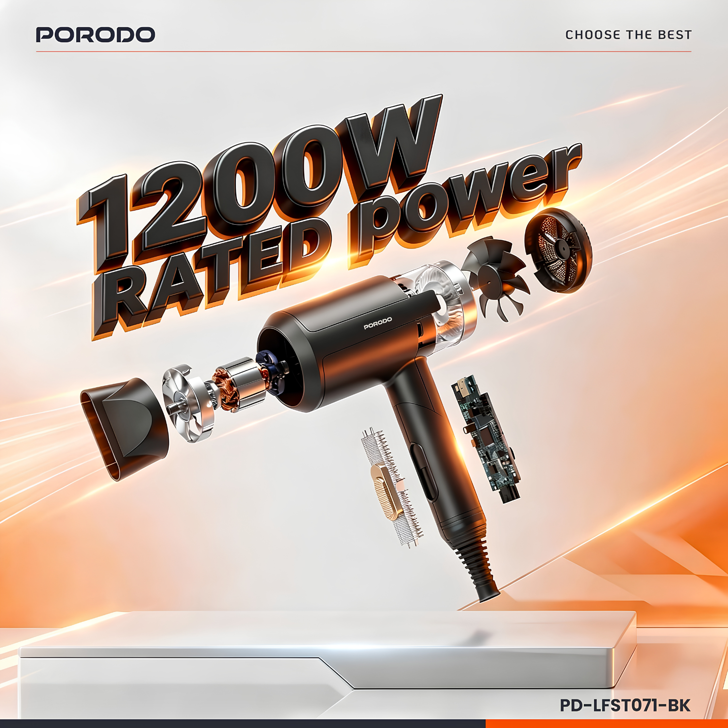 Porodo 1200W Foldable Hair Dryer with Negative Ion Technology