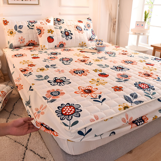 Quilted Waterproof Fitted Size Mattress Protector Bed Sheet with 2 Pillow Cases Flowers