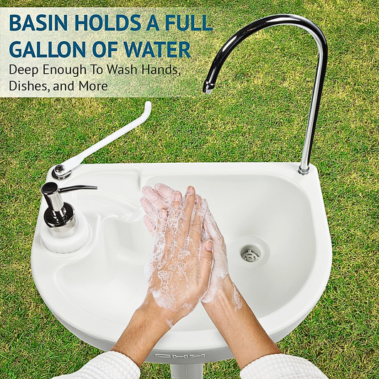 Portable Outdoor Camping Handwash Gooseneck Wash Basin with Foot Press Pump, Soap Dispenser, Faucet & Towel Holder