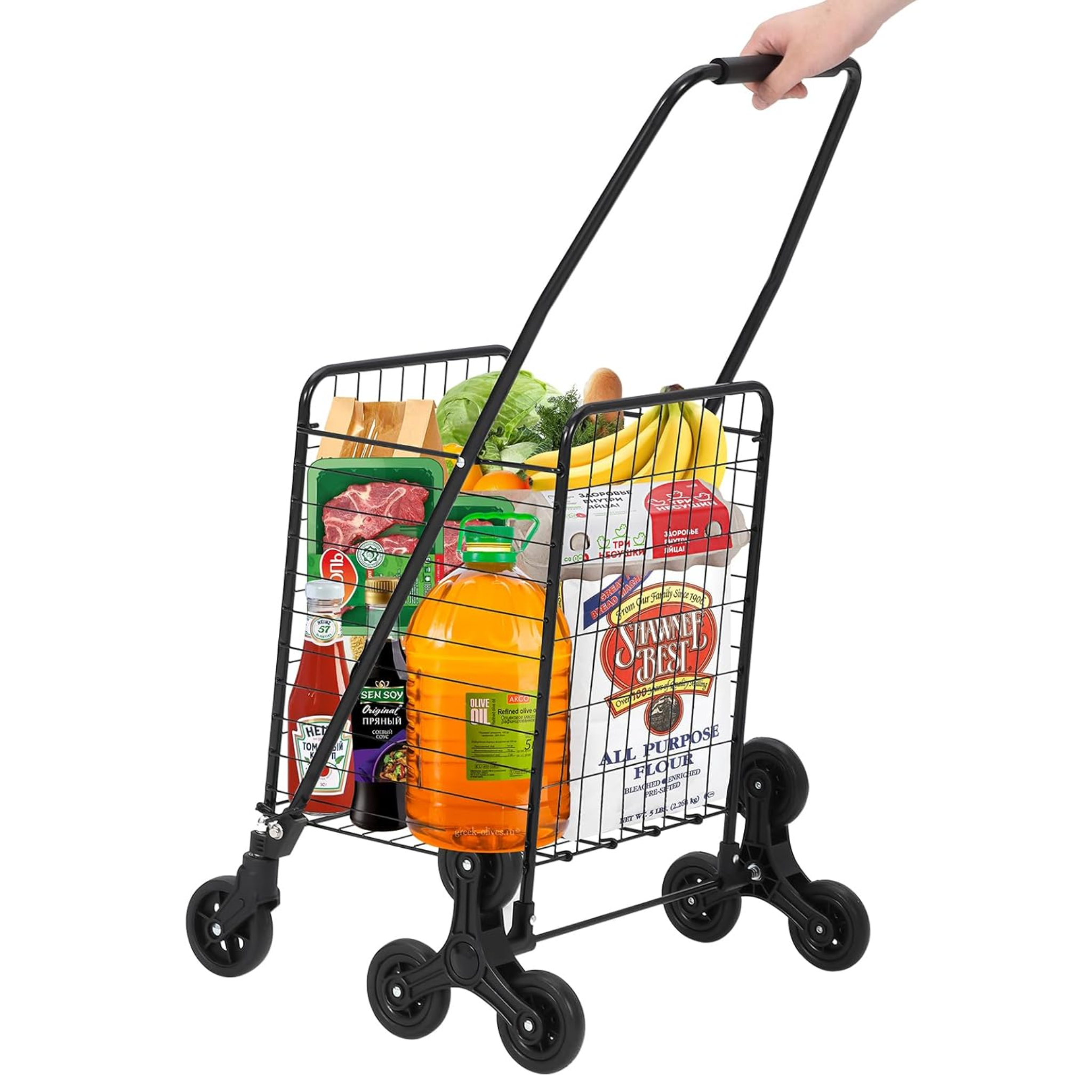 Folding Grocery Cart with Stair Climbing Wheels, Collapsible Utility Shopping Trolley