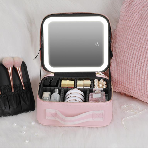 Travel Makeup Cosmetics Organizer Bag with LED Mirror