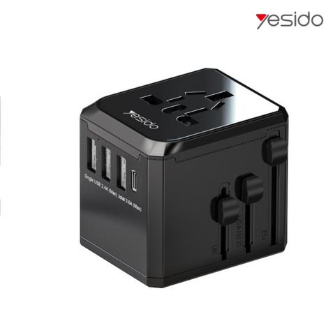 Yesido MC10 Universal Travel Adapter - UK/EU/US/AUS Plugs, 3 USB + 1 USB-C Port