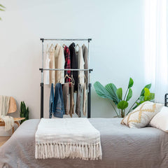 Stainless Steel Double Rails Telescopic Clothes Rack with Wheels
