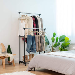 Stainless Steel Double Rails Telescopic Clothes Rack with Wheels
