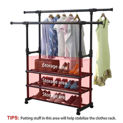Extendable Double Rod Clothes Rack with Shoe Rack