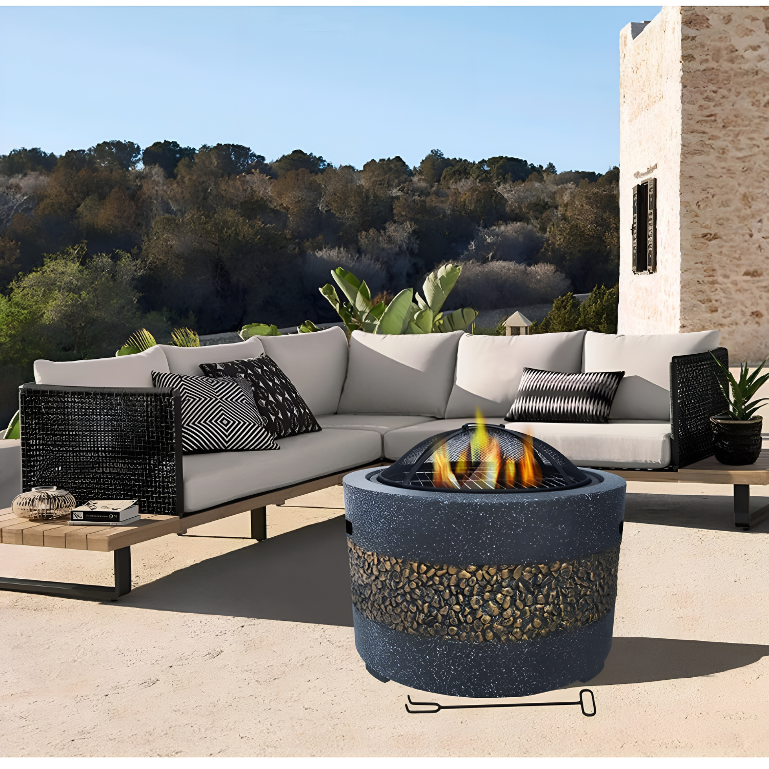 Outdoor Fire Pit with Artificial Stone Edging 56 x 56 x 36 cm