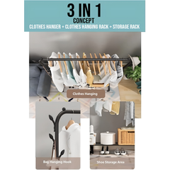 Multifunctional Single Pole Clothes Hanging Rack with Wheels and Bottom 2 Tier Shoe Rails