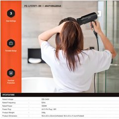 Porodo 1200W Foldable Hair Dryer with Negative Ion Technology