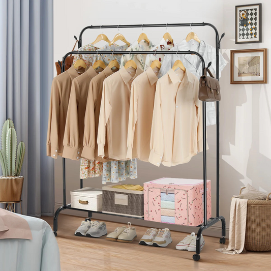 Garment Rack with Wheels - Double Rode Hanging Clothes Drying Stand