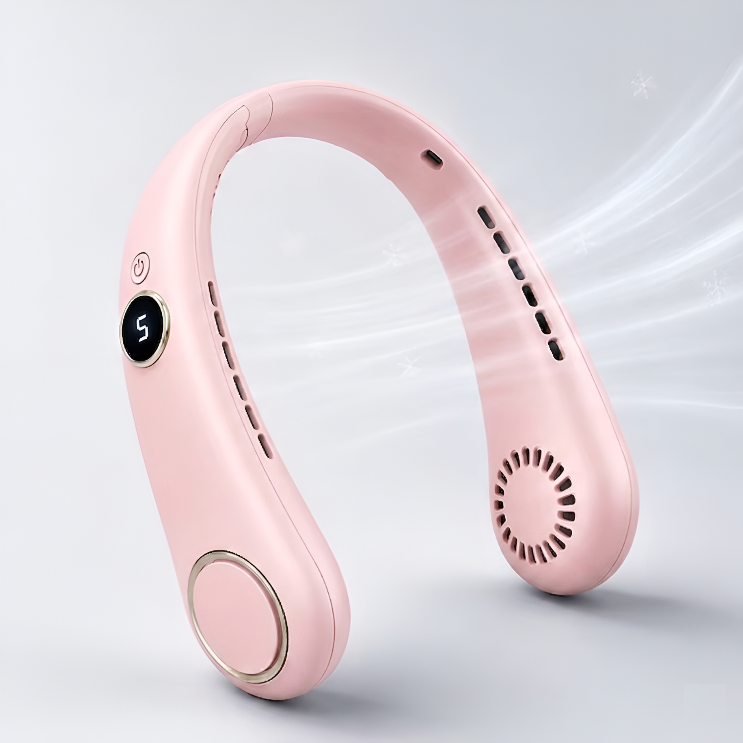5 Speed Folding Neck Hanging Recharging Fan With Digital Display Pink