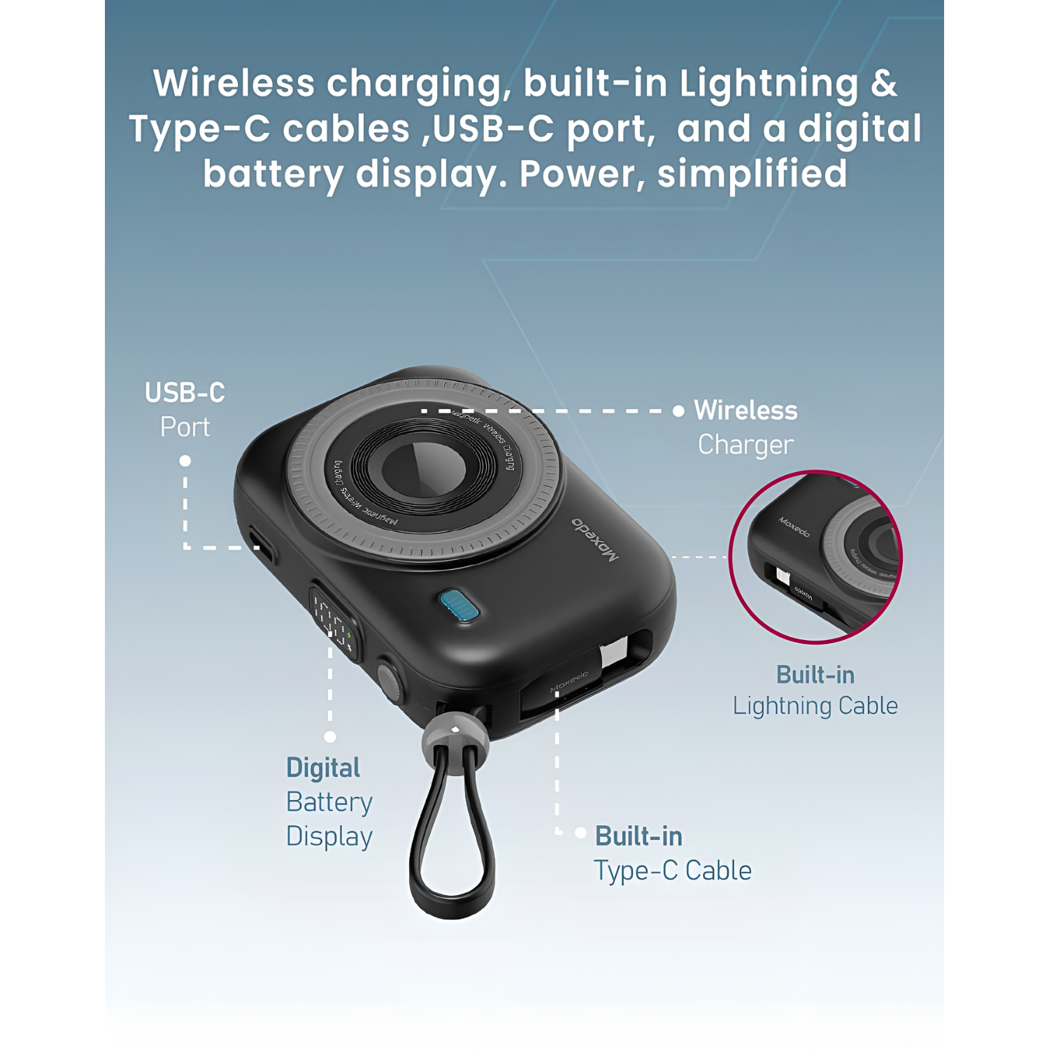 Moxedo 5x 10000mAh Wireless Charging Power Banks with Charging Dock Station, Built-in Cables, USB C Fast Charging and Digital Display