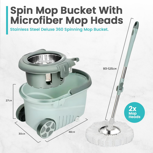 Spin Floor Mop Bucket Set with Wringer, Hands-free Wring Mop with 2 Microfiber Heads