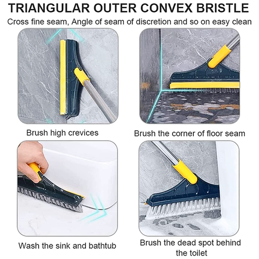 2 IN 1 Bathroom Floor Cleaning Hard Bristles Scrub Brush with Rotating Long Handle Wiper