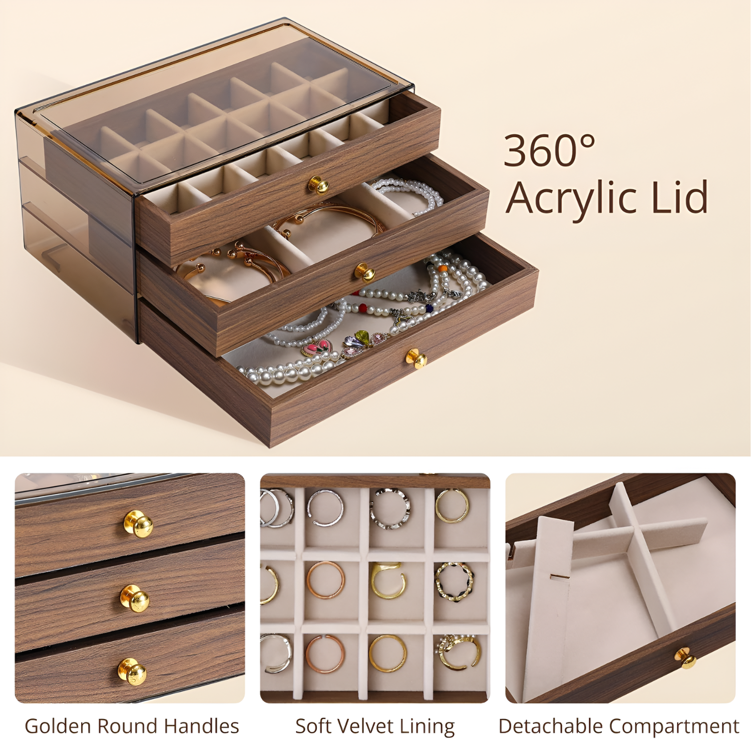 Three Layer Wooden Design Jewelry Organizer Drawer Box
