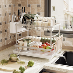 Double Layer Countertop Dish Drying Rack with Cutlery Holder, Cup Rack, Drainboard