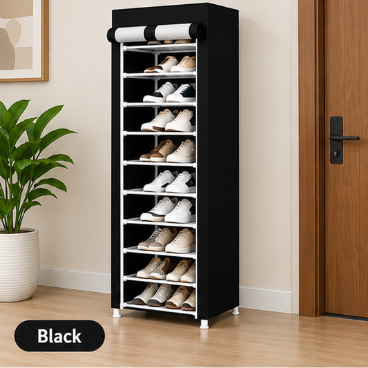 10 Layer Freestanding Shoe Rack with Dustproof Cover Black