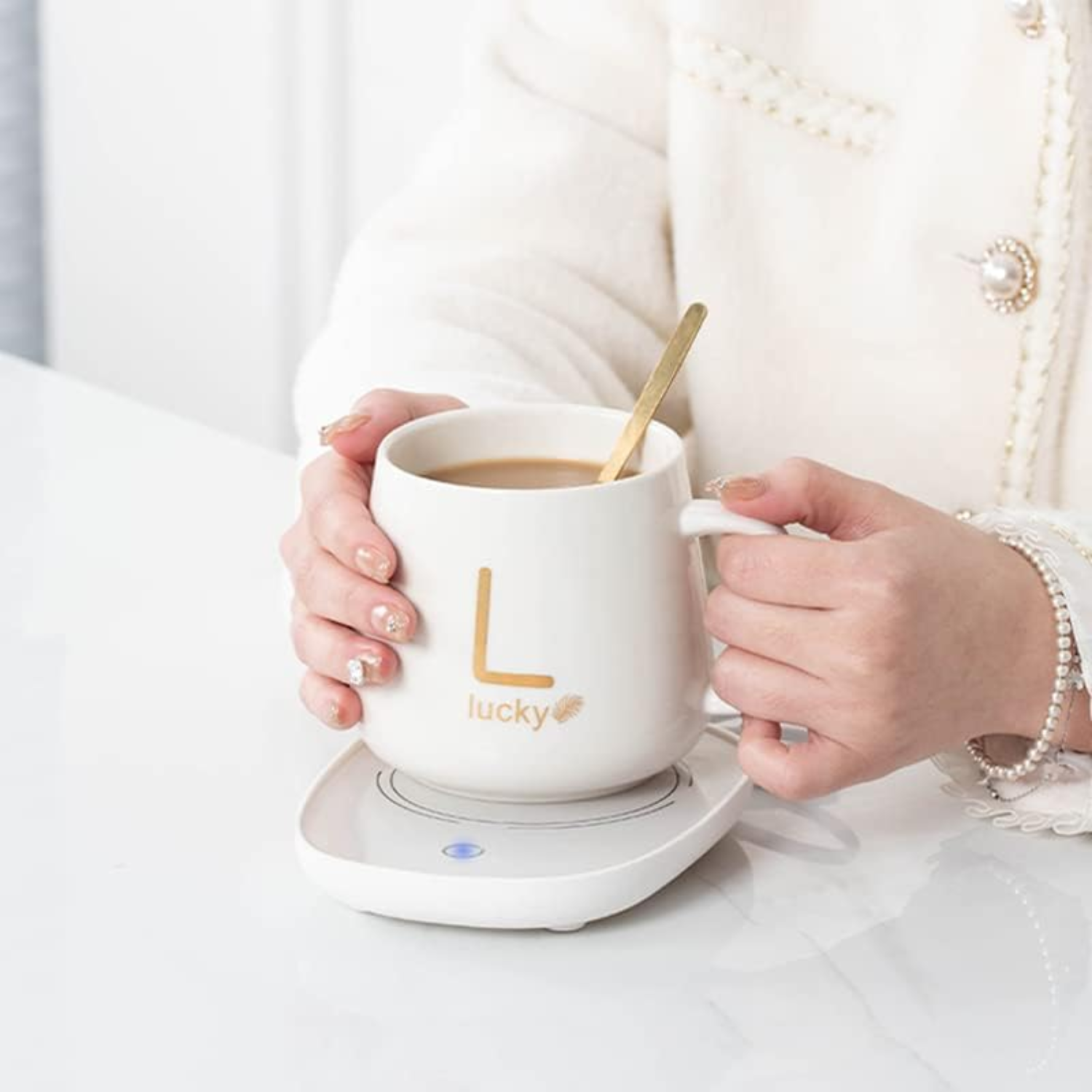 Smart Coffee Cup Warmer, 55° Constant Temperature Warmer with Cafe Mug and Stirrer