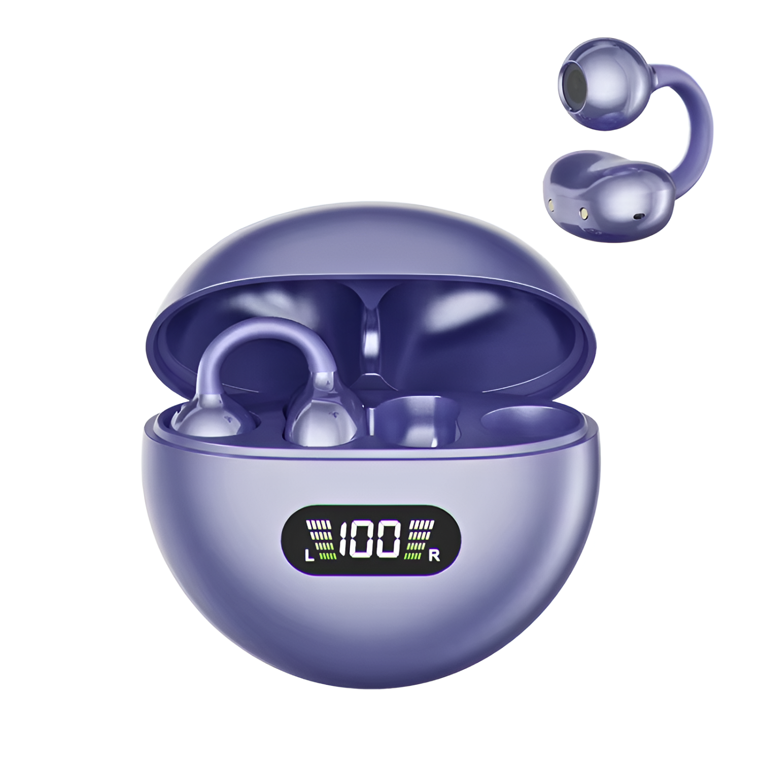 Q71 Wireless Clip On Earbuds, Sports Silicone TWS Earphone with Noise Reduction and Digital Display Purple