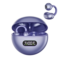 Q71 Wireless Clip On Earbuds, Sports Silicone TWS Earphone with Noise Reduction and Digital Display Purple