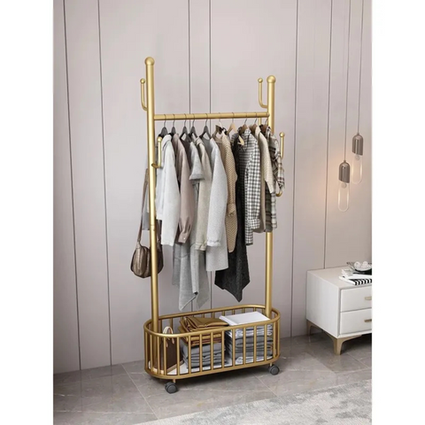 Classic Minimalist Metal Clothing Stand with Laundry Basket and Wheel