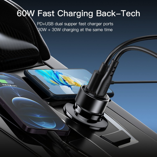 60W Fast Charging Car Charger Adapter - QC3.0+PD 30W, USB / USB Type-C - Yesido Y55