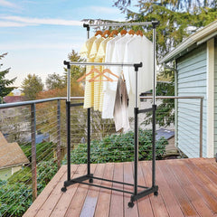Stainless Steel Double Rails Telescopic Clothes Rack with Wheels