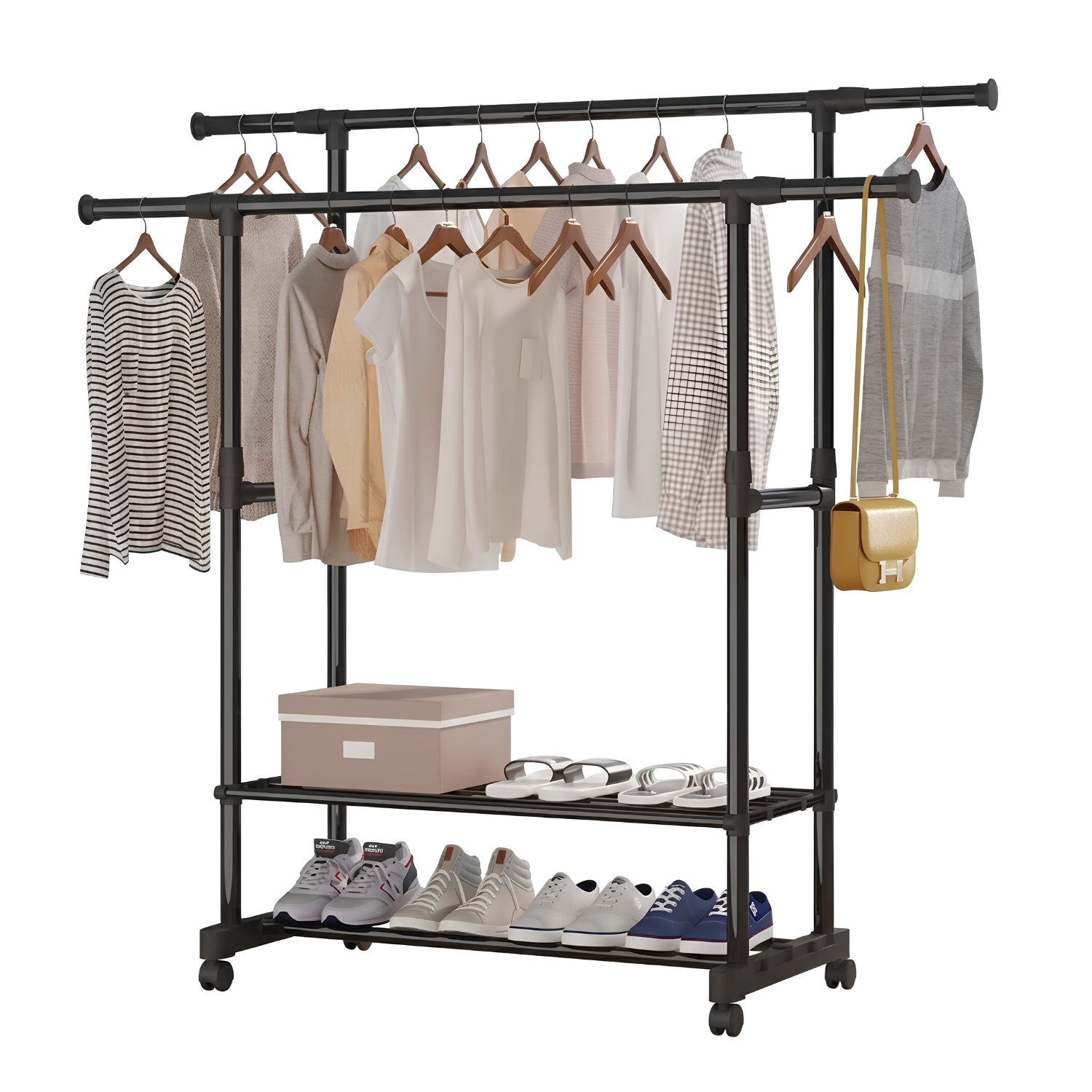 Extendable Double Rod Clothes Rack with Shoe Rack