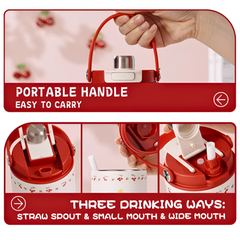 Diller Cherry Cartoon 900ml Insulated Thermal Vacuum Tumbler Ceramic Liner Portable Water Flask