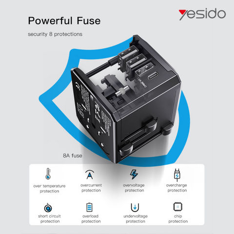 Yesido MC10 Universal Travel Adapter - UK/EU/US/AUS Plugs, 3 USB + 1 USB-C Port