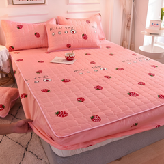 Quilted Waterproof Fitted Size Mattress Protector Bed Sheet with 2 Pillow Cases Strawberry Pink
