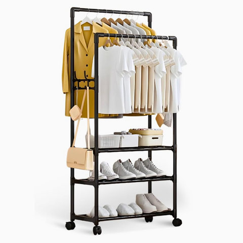 Double Clothes & Coat Hanging Rack with Storage Shelf and Wheel