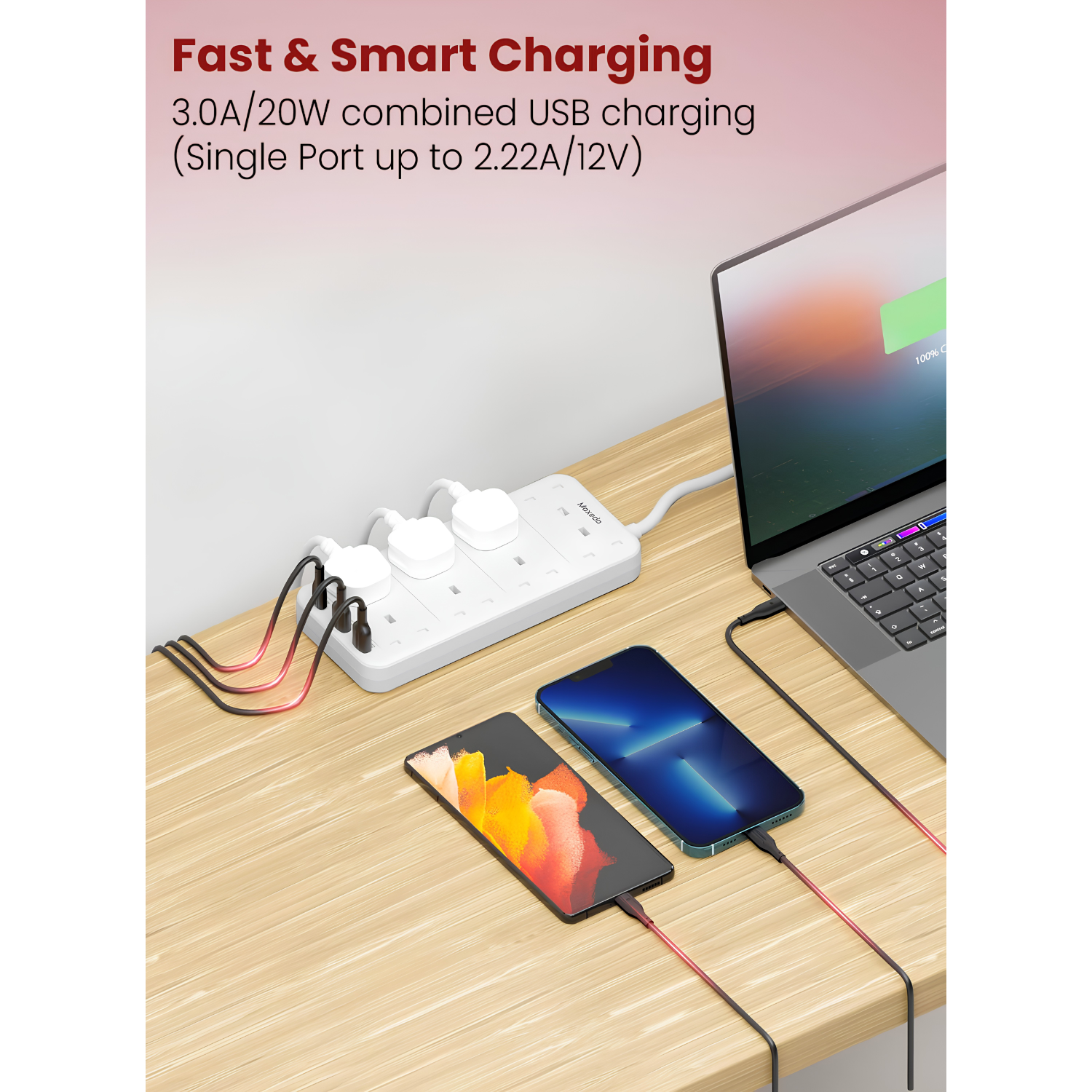 Moxedo Power Strip Surge Protector with 8 AC Outlets and 3 USB Ports, 2M Cable Length