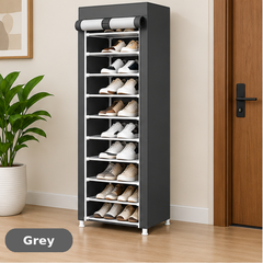 10 Layer Freestanding Shoe Rack with Dustproof Cover Grey