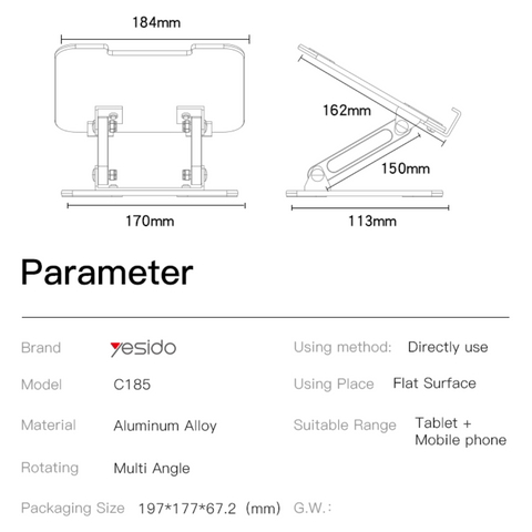 Yesido C185 Adjustable Height Foldable Tablet Holder, Aluminium Alloy Laptop Stand