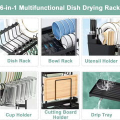 Double Layer Countertop Dish Drying Rack with Cutlery Holder, Cup Rack, Drainboard