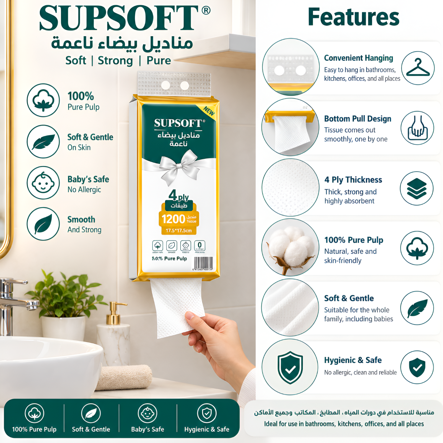 SUPSOFT 4 Ply Soft White Tissues 1200 Sheets