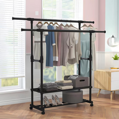 Extendable Double Rod Clothes Rack with Shoe Rack