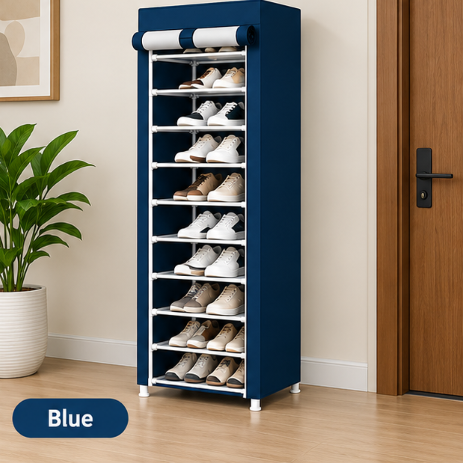 10 Layer Freestanding Shoe Rack with Dustproof Cover Blue