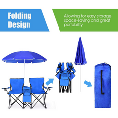 Folding Chairs with Removable Umbrella and Thermal Cooler Storage Bag for Camping, Beach, Fishing