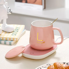 Smart Coffee Cup Warmer, 55° Constant Temperature Warmer with Cafe Mug and Stirrer Pink
