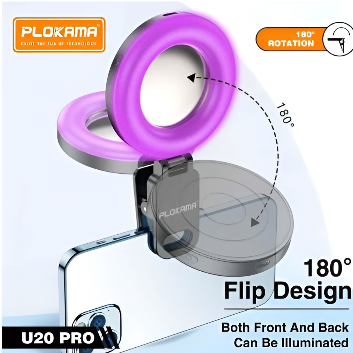 Plokama U20 Pro RGB LED Phone Clip Fill Light Selfie Ring Light with Mirror