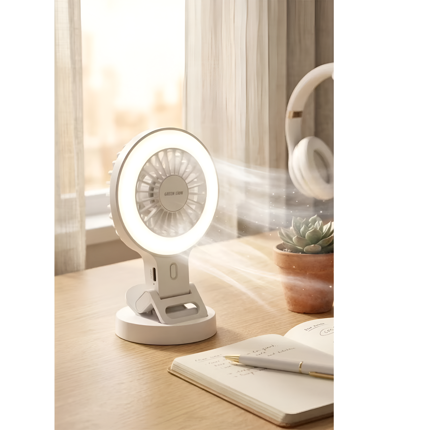 Green Lion Air Glow Clip On Rechargeable Fan with Ring Light