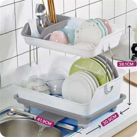 Dish Rack Two Layers Detachable Kitchen Storage Shelf with Drain Tray